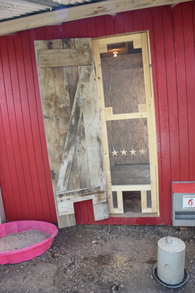 Old door opened showing a screen door