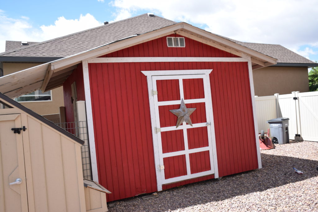 Red shed with white trim