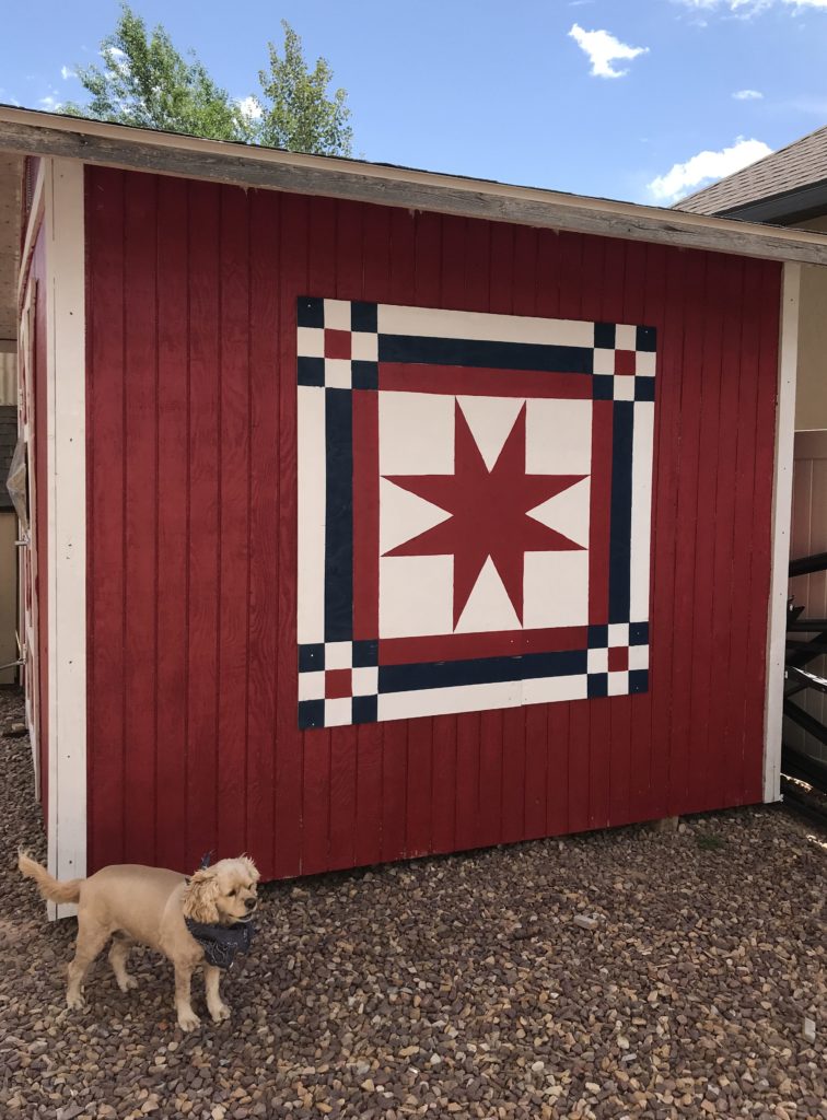 Red shed with white trim and red, white and blue barn quilt on side with cocker spaniel standing in front