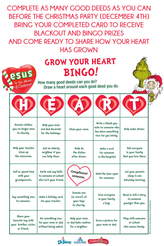 Bingo card with grinch on it and ways to serve people