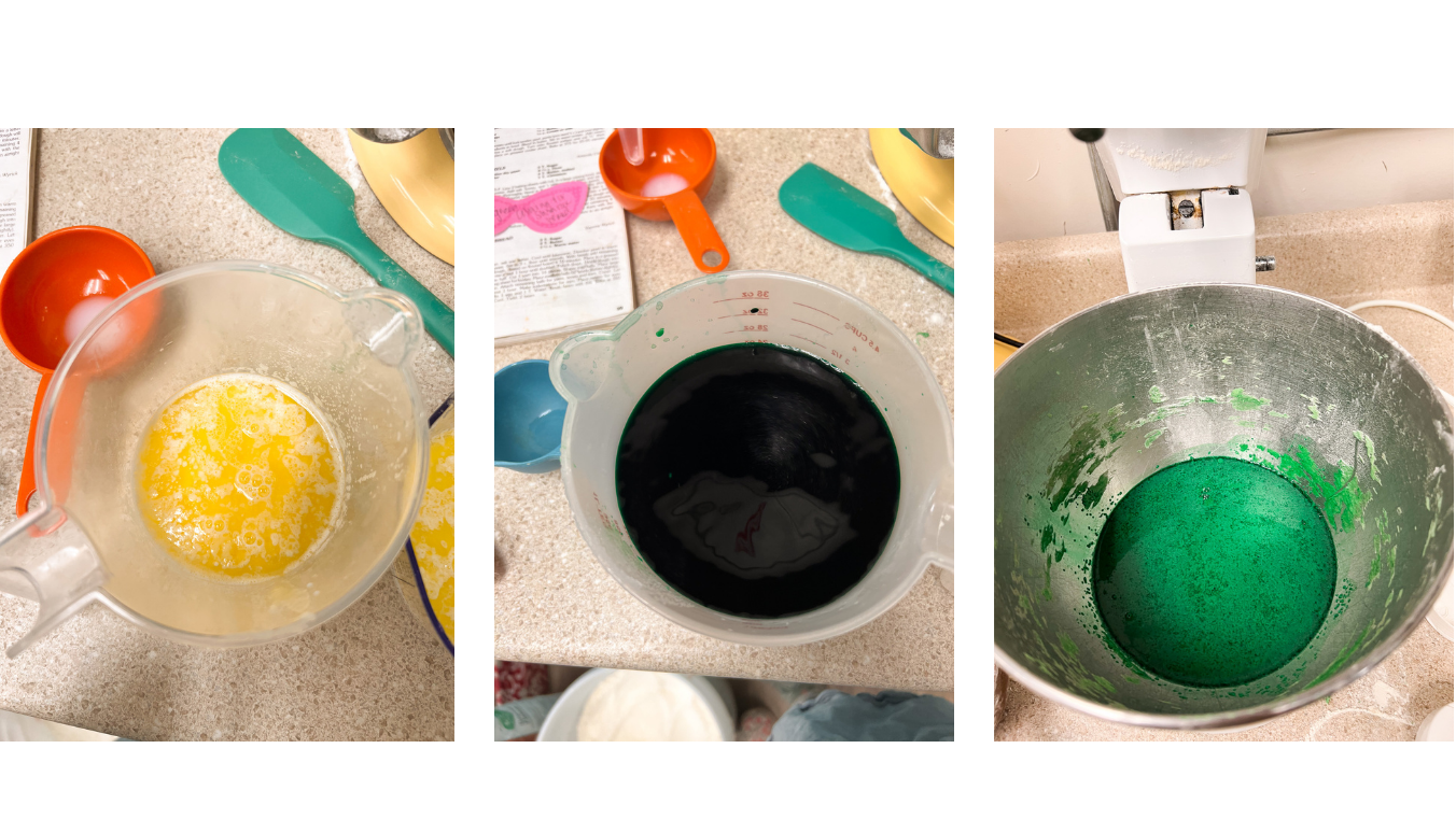 Pictures showing melted butter and green food coloring