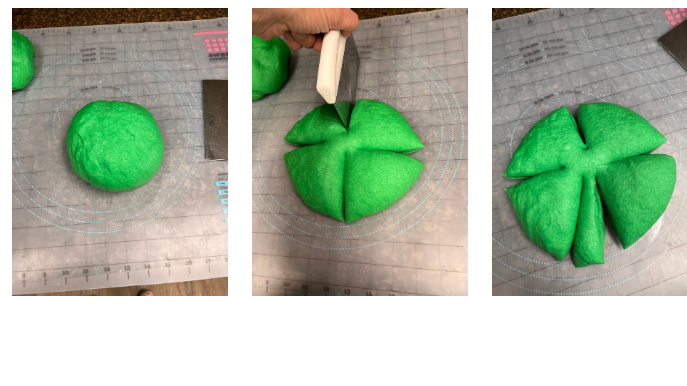 Three pictures showing the steps of shaping the shamrock bread