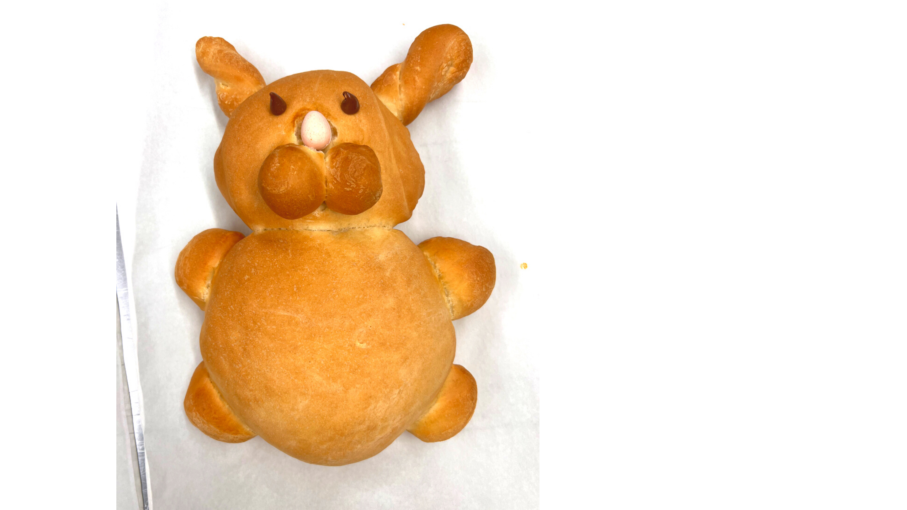 Baked bunny bread with chocolate chip eyes and twisted ears