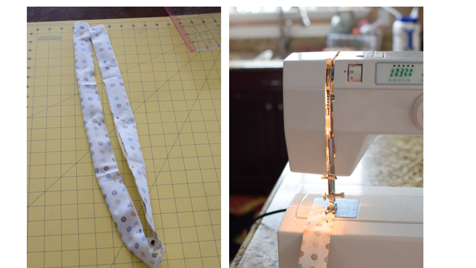 Polka dot fabric being sewn on the sewing machine