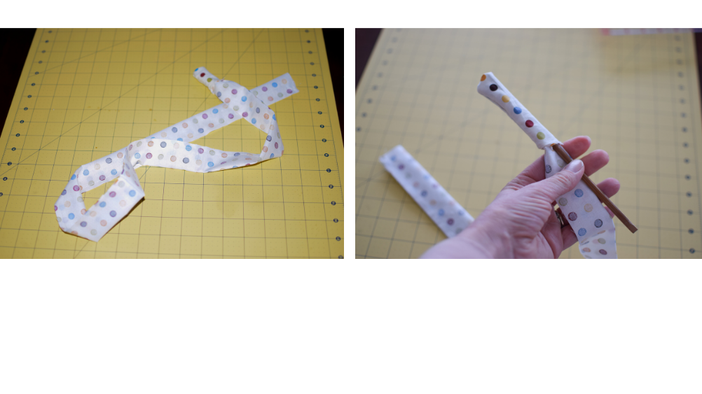 Turning the polka dot fabric tube right side out