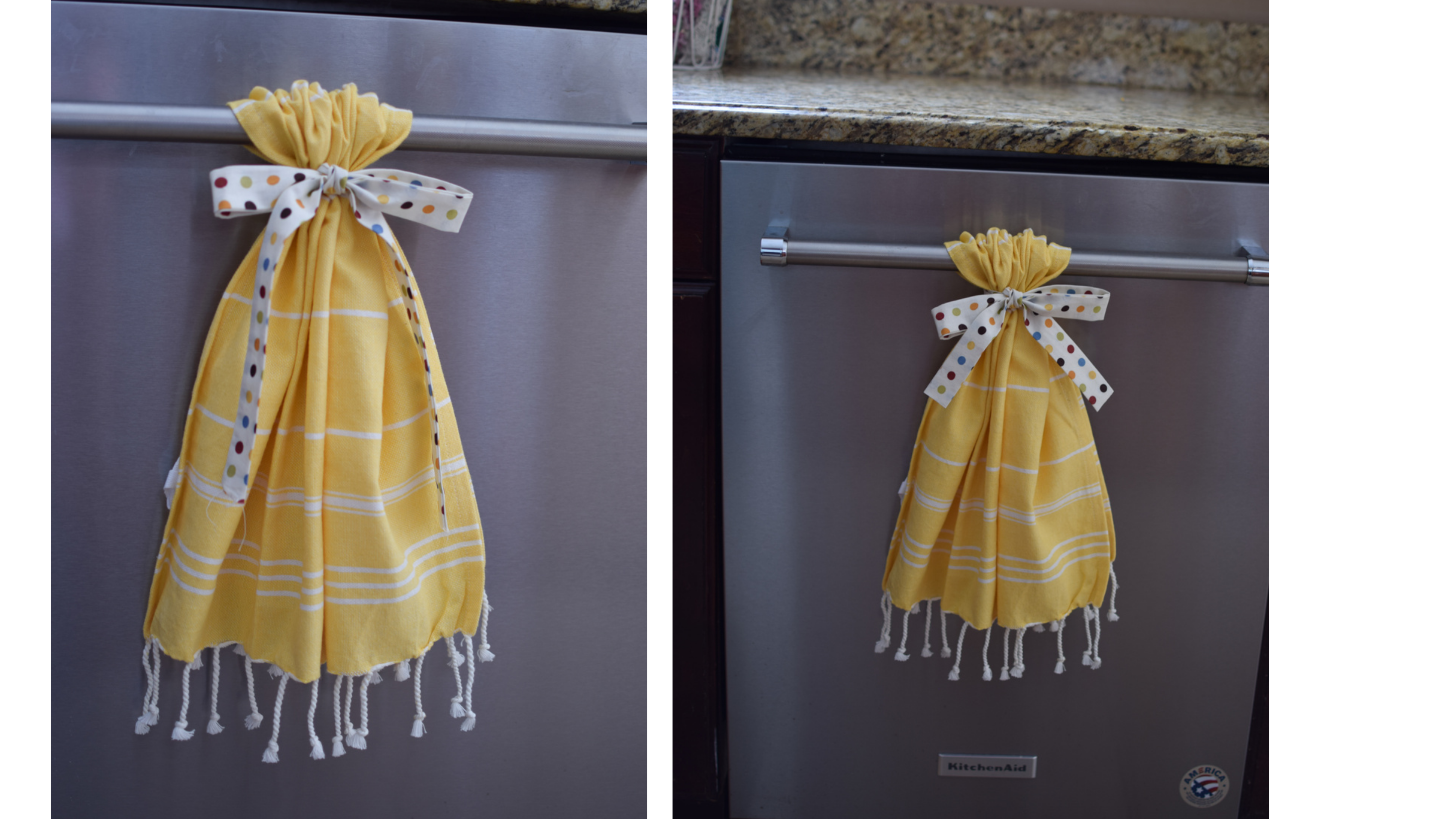 Yellow hand towel tied to dishwasher handle with polka dot fabric