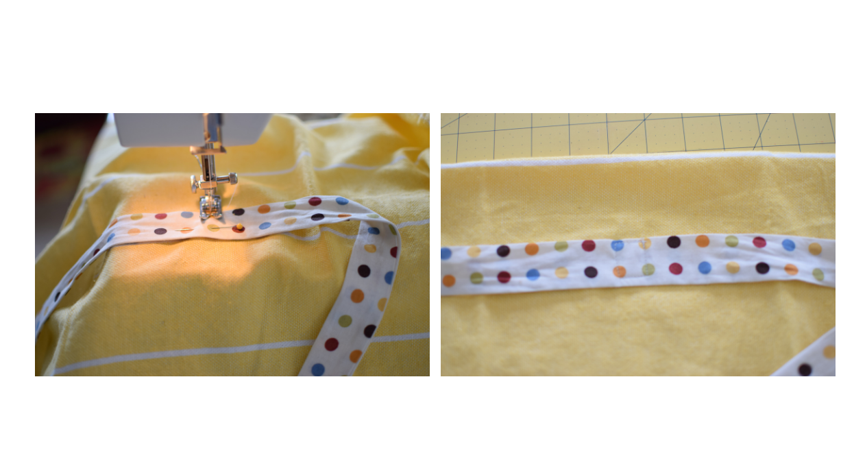 Sewing the polka dot fabric to the back of the hand towel