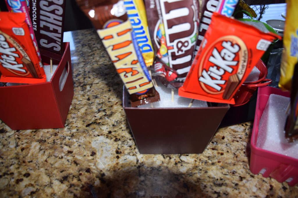 close up of candy glued to skewers and placed in foam inside cardboard bases