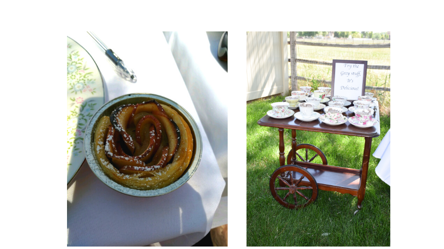 Brunch dessert Rose apple pies grey stuff served in tea cups on tea cart