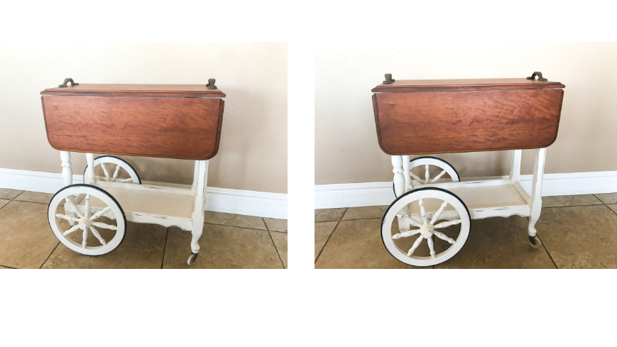 white painted tea cart with stained top