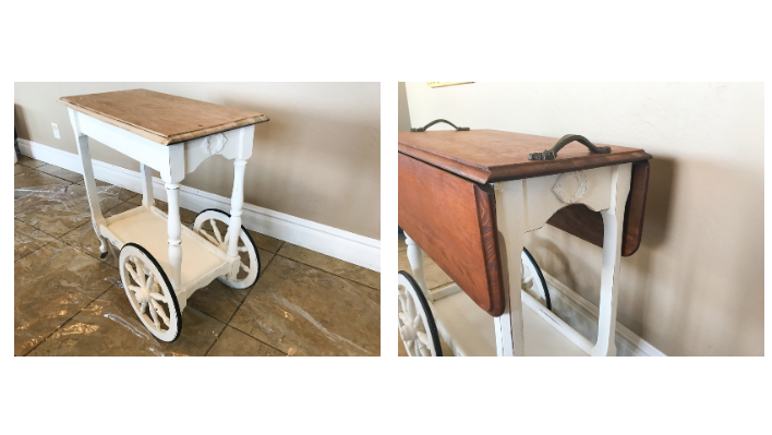 tea cart with decorative wreath painted on