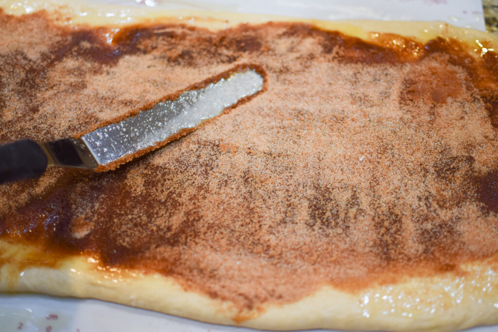 Cinnamon and sugar spread out on cinnamon roll dough
