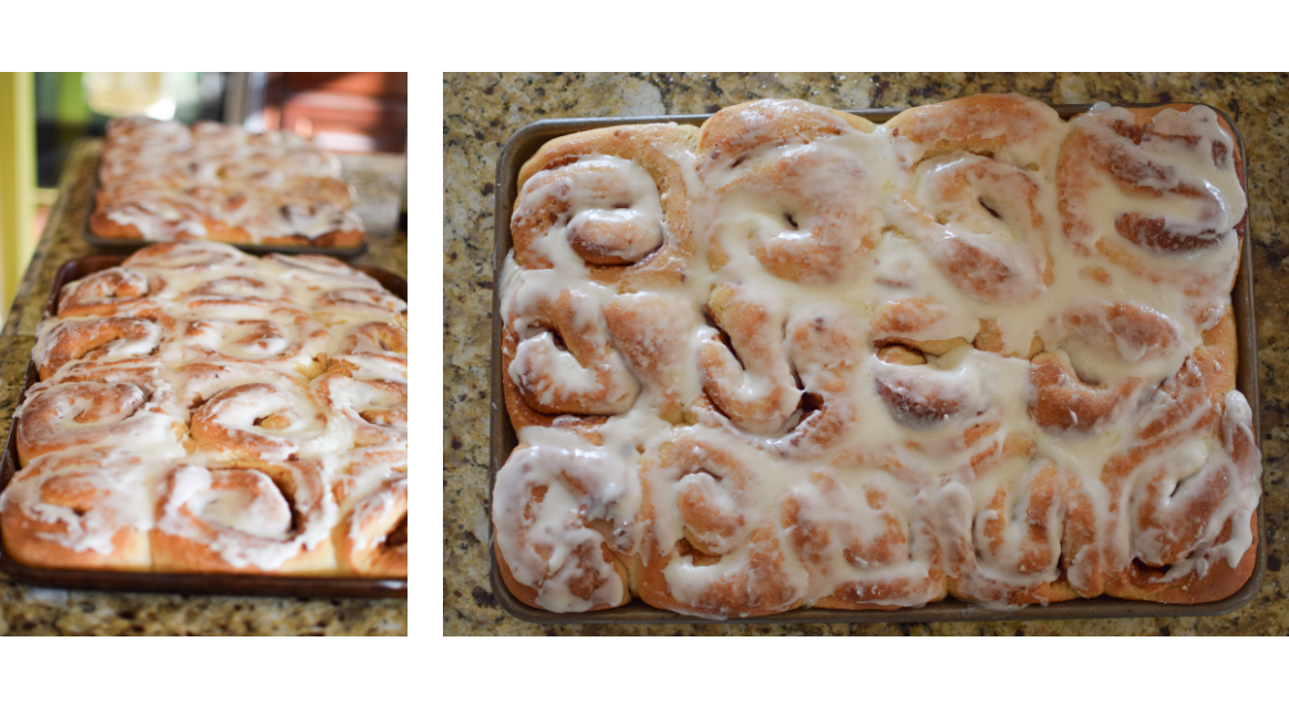 Baked whole wheat cinnamon roll with frosting.