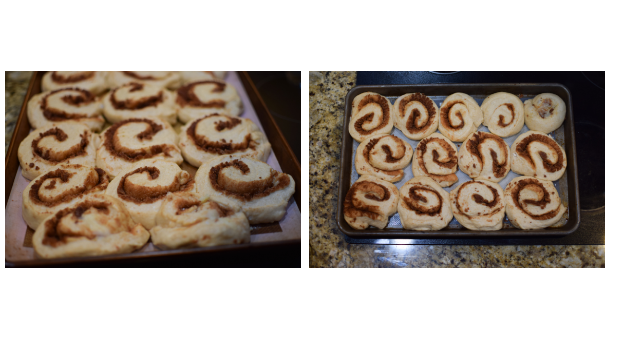 Cinnamon roll dough cut and placed on rimmed cookie sheet