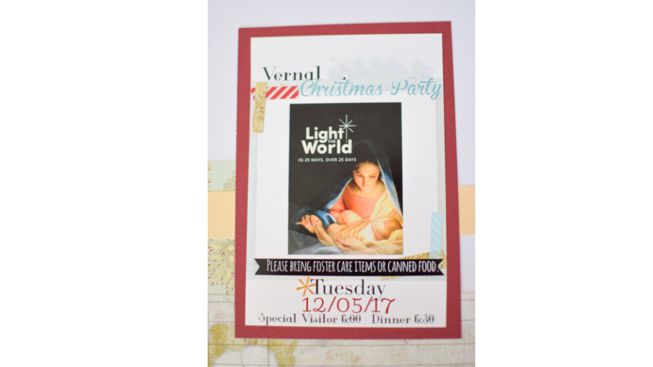 Light the World Christmas party invite with picture of Mary and Baby Jesus