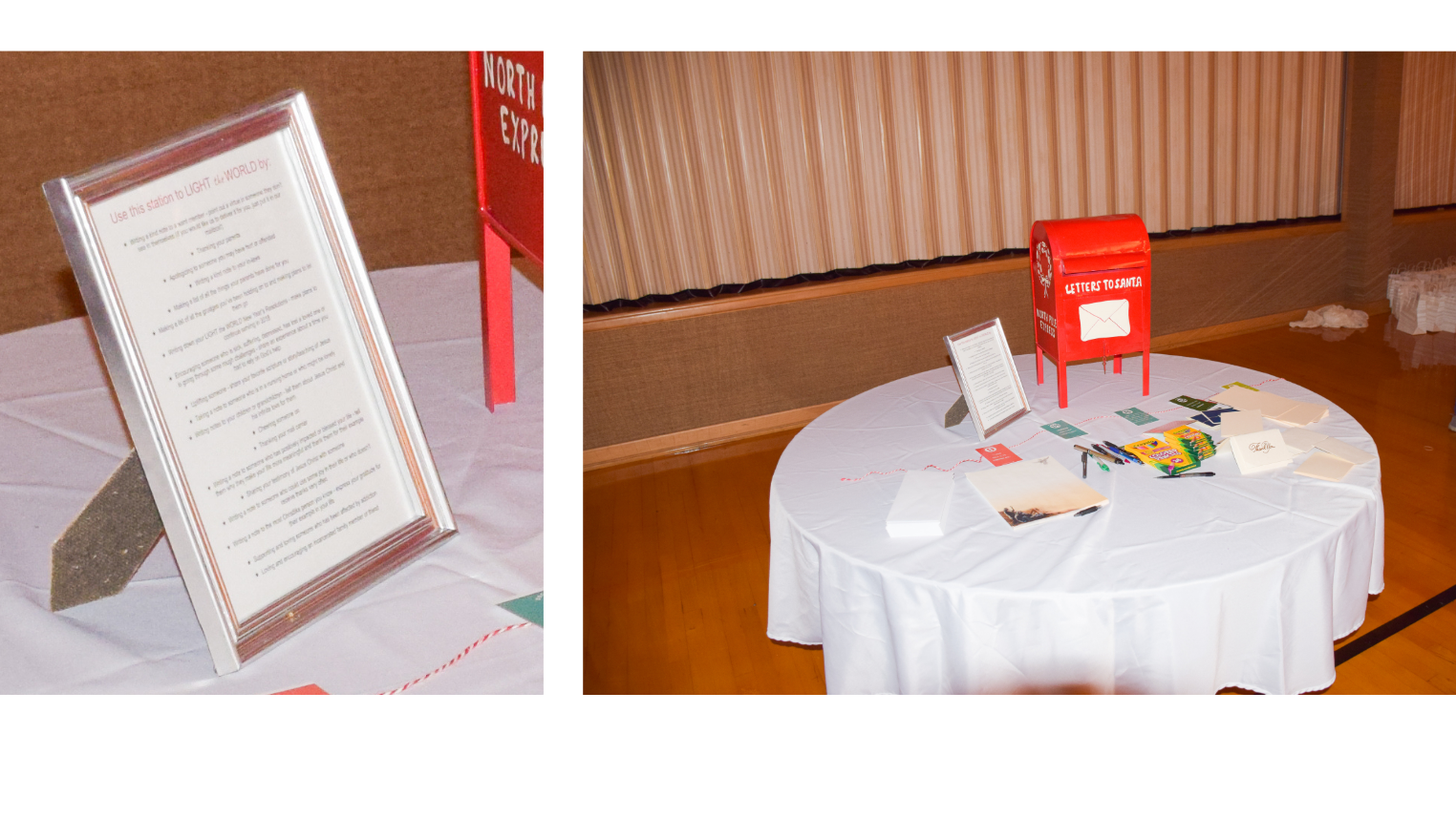 Table with Santa mailbox, markers, pens and paper. Letter giving suggestions on who to give a card to