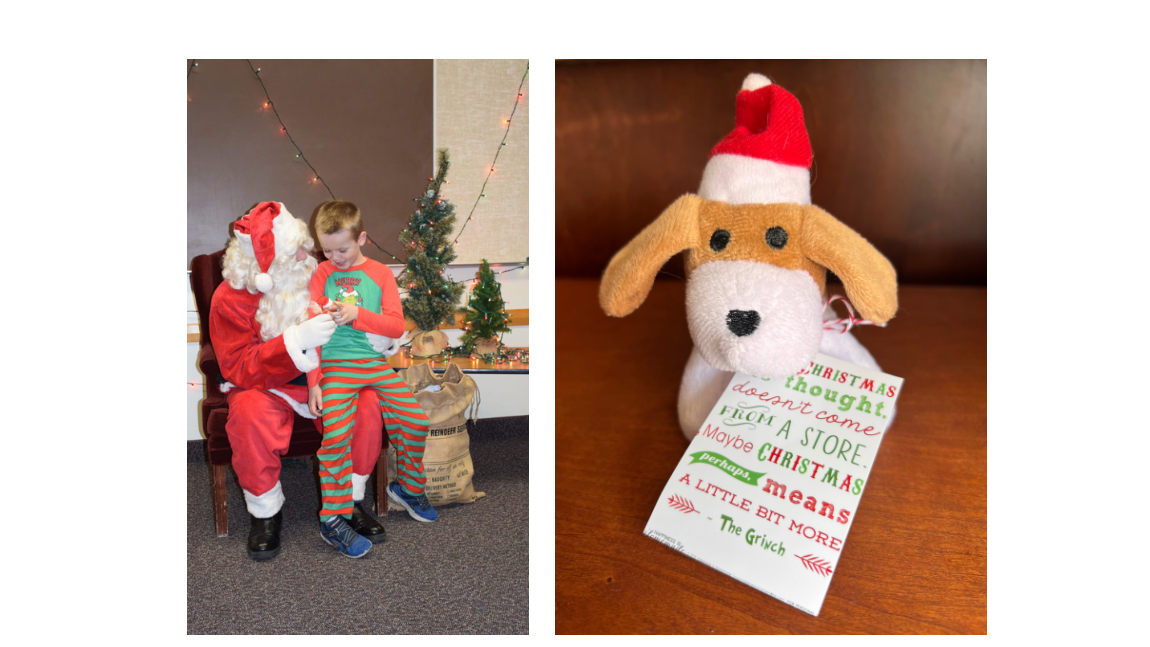 Kid sitting on Santa's lap and a small stuffed dog