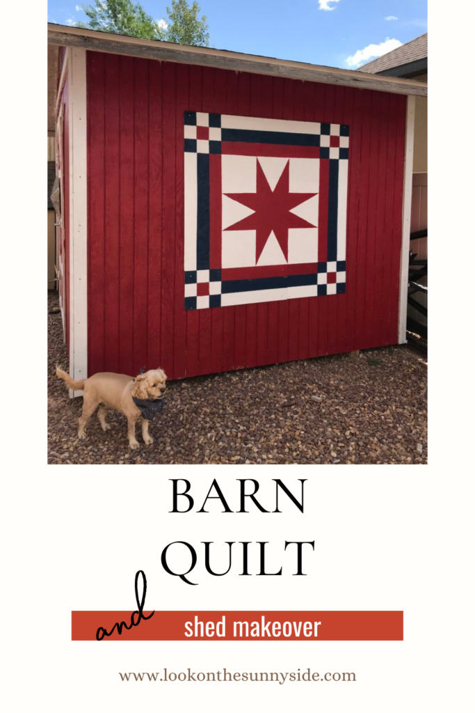 Red shed with a red, white and blue barn quilt in the shape of a star.