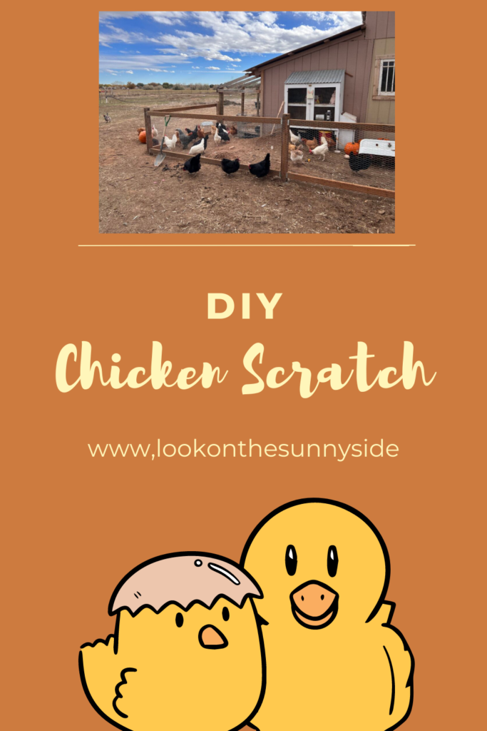 Pinterest pin with chickens eating chicken scratch