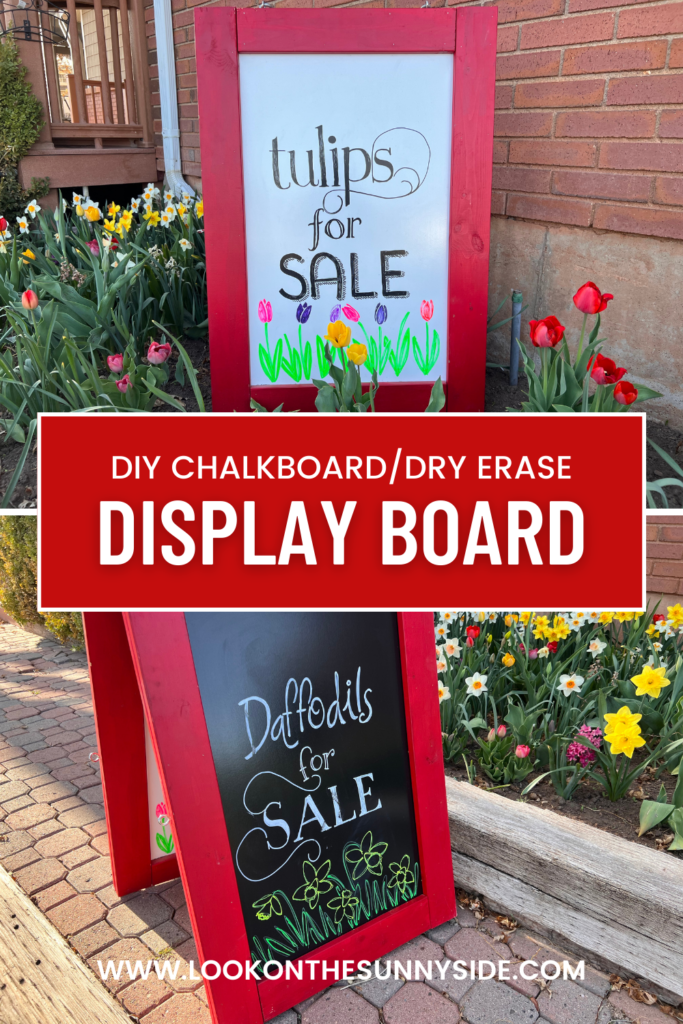 Two pictures of a display board. One side is dry erase that says "Tulips for sale and the other picture is a chalkboard saying "Daffodils for sale."