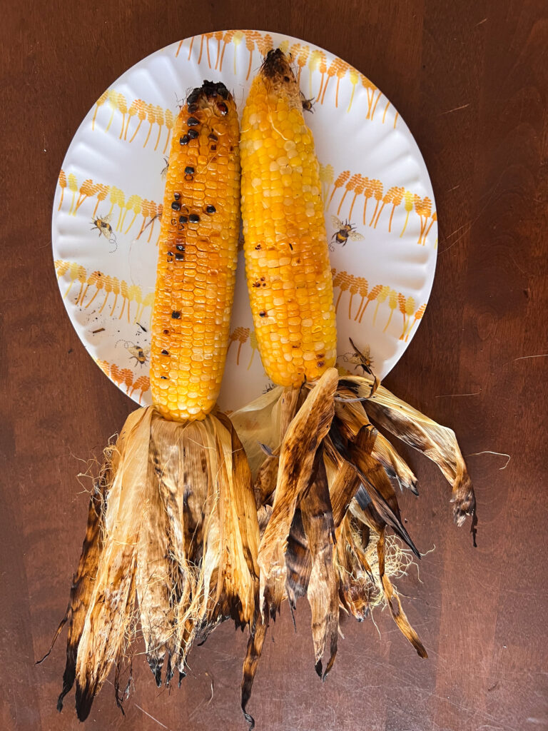 Two ears of grilled corn on a plate