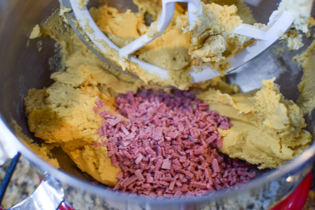 Strawberry tidbits added to dough